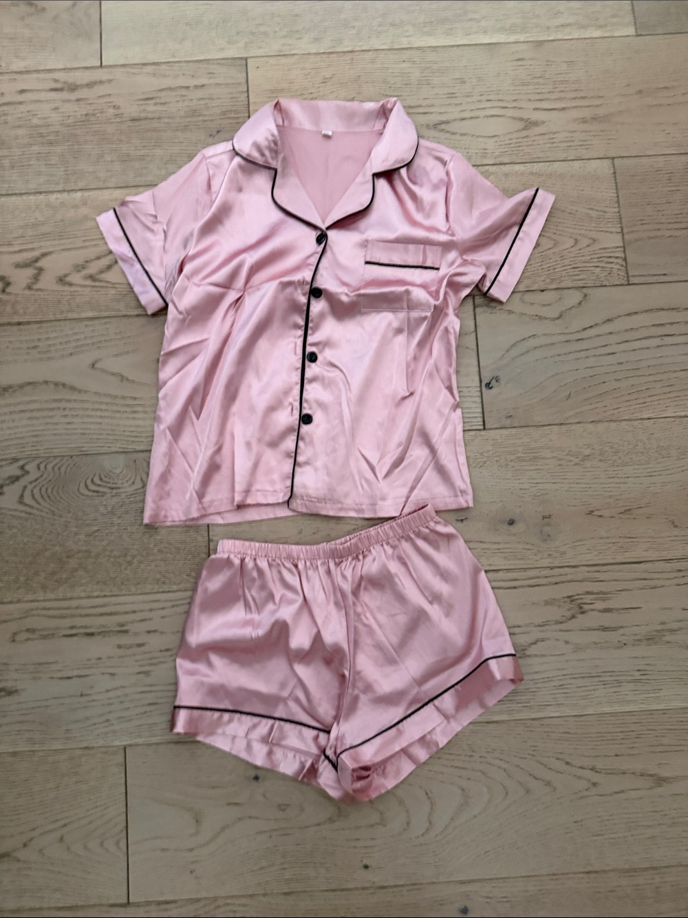 Women’s Pink Satin Short Sleeve Pajama Set with Black Piping size Medium